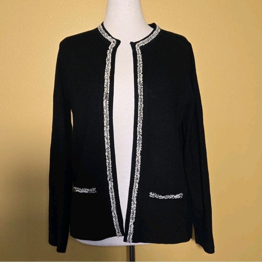 Pink Clover Black Open Front Cardigan Sweater Womens Large Metallic Trim Classic